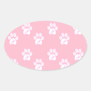 Adesivo Oval Padrão de patas brancas fofas em rosa