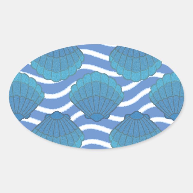 Adesivo Oval Padrão De Vintage Seashell E Ondas (Frente)