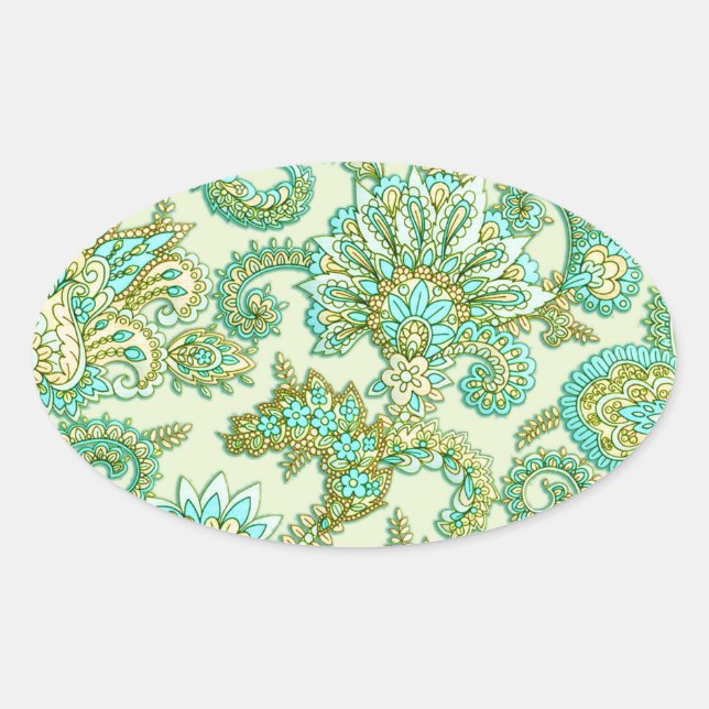 Adesivo Oval Padrão Floral Dourado de Paisley de Aqua Cute (Frente)