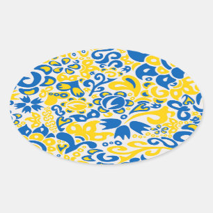Adesivo Oval Padrão Folclore com cores de bandeira ucraniana