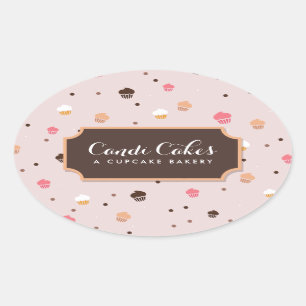 Adesivo Oval Padrões de padaria de Cupcakes bonitos, cor-de-ros