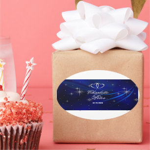 Adesivo Oval Palitos de Casamento de Ouros Azuis/Corações