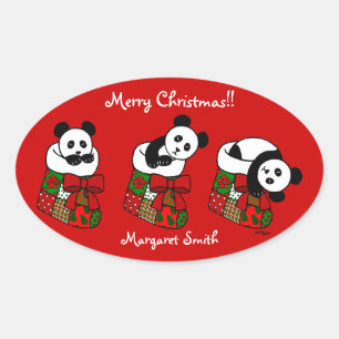 Adesivo Oval Panda de Natal Personalizado