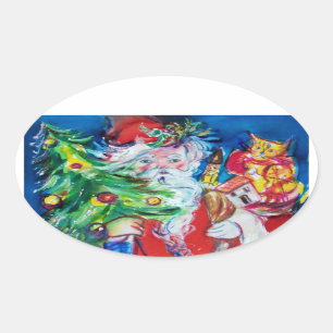 ADESIVO OVAL PAPAIS NOEIS COM ÁRVORE DE NATAL E PRESENTES