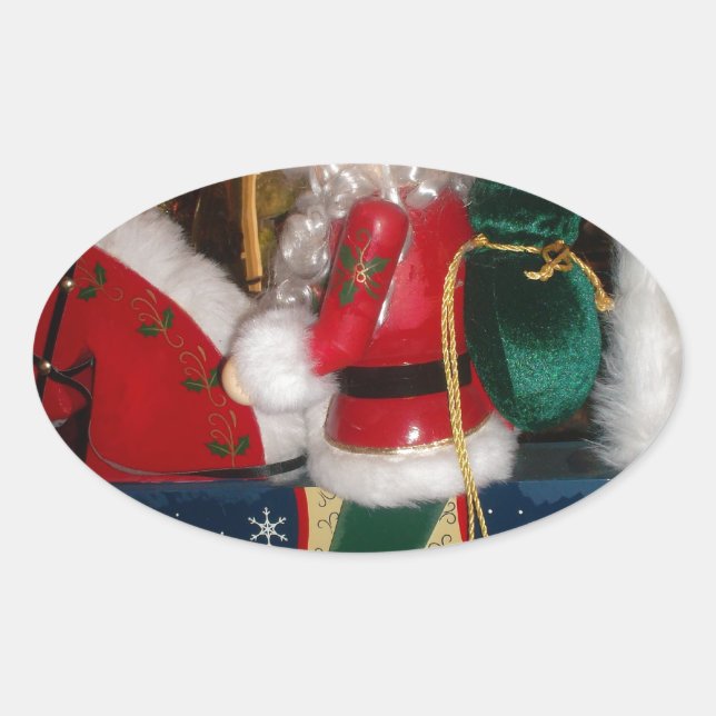 Adesivo Oval Papais noeis de Natal num Cavalo com Impressão de  (Frente)