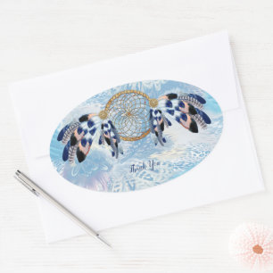 Adesivo Oval Papel de carta de caçador de sonhos azul exótico