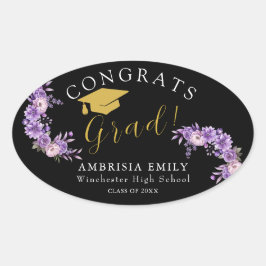 Adesivo Oval Parabéns de Graduação Floral Personalizada e Elega