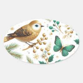 Adesivo Oval Pássaro Dourado Borboleta Esmeralda Botânico
