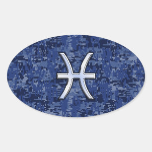Adesivo Oval Peixes modernos Símbolo Zodiac Marinho Azul Camo 