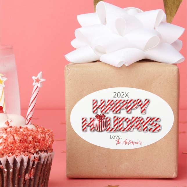 Adesivo Oval Pepperminta Feliz Feriados Personalizados do Balão (Festa)