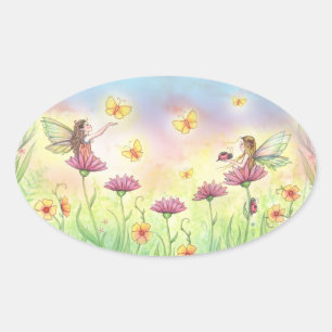 Adesivo Oval Pequenas Irmãs Fadas Doce Vestidos