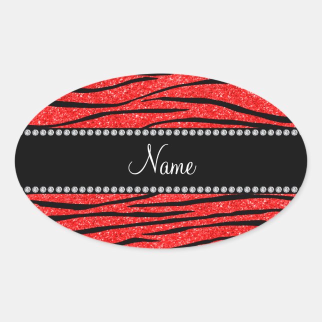 Adesivo Oval Personalize o nome neon red glitter zebra stripes (Frente)