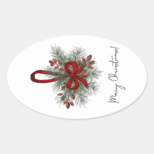 Adesivo Oval Pinheiro de Natal com Arco Vermelho