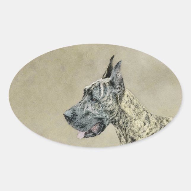 Adesivo Oval Pintura com o Grande Dane (Brindle) - Arte Canina  (Frente)
