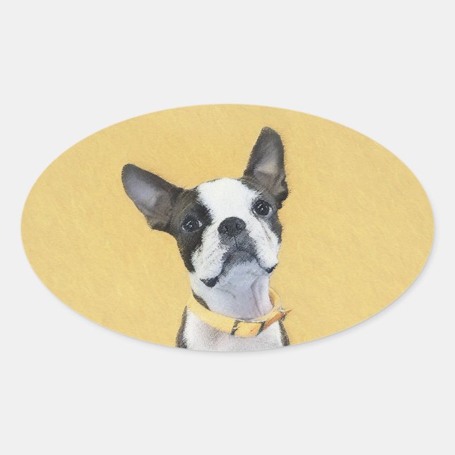 Adesivo Oval Pintura de Boston Terrier - Arte de Cachorro Origi (Frente)