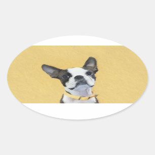 Adesivo Oval Pintura de Boston Terrier - Arte de Cão Original 