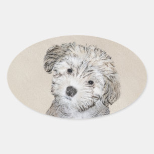 Adesivo Oval Pintura De Cachorro Em Havanês - Arte De Cão Ori
