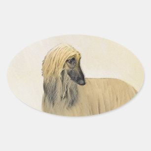 Adesivo Oval Pintura De Cães Afegã - Arte De Cachorro Origina