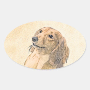 Adesivo Oval Pintura de Dachshund (Longhaired) - Arte de Cão O