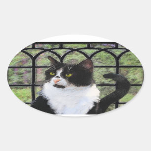 Adesivo Oval Pintura de Gato Tuxedo - Arte de Gato Original Cus