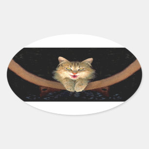 Adesivo Oval Pintura de Gatos Loucos - Arte de Gato Original Bo