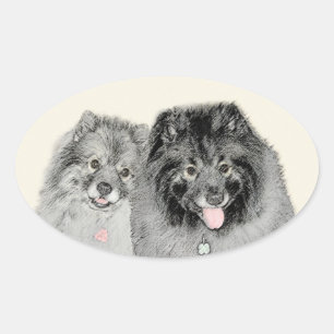 Adesivo Oval Pintura de Keeshond, Mãe e Filho - Arte Original 