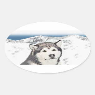 Adesivo Oval Pintura de Malamute no Alasca - Arte de Cachorro O