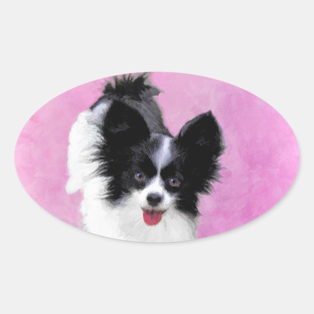 Adesivo Oval Pintura de Papillon (Branco e Preto) - Arte Canina (Frente)