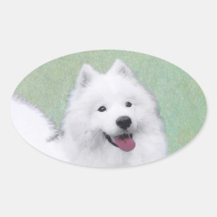 Adesivo Oval Pintura de Samoyed - Arte Original de Cachorro Fof