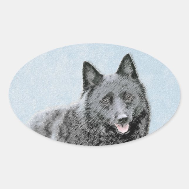 Adesivo Oval Pintura de Schipperke - Arte de Cachorro Original (Frente)
