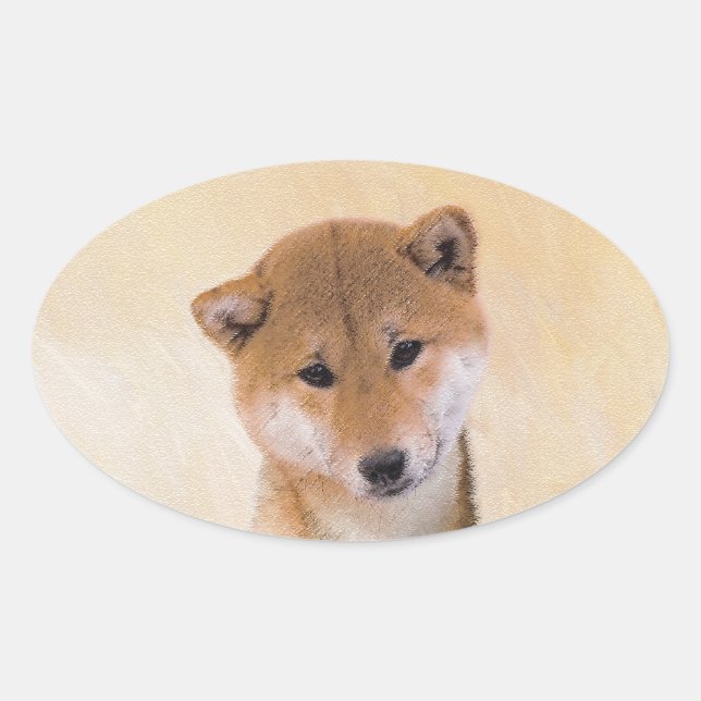 Adesivo Oval Pintura de Shiba Inu (Vermelho) - Arte de Cachorro (Frente)