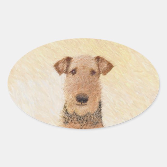 Adesivo Oval Pintura de Terrier Airedale - Arte original cômoda (Frente)