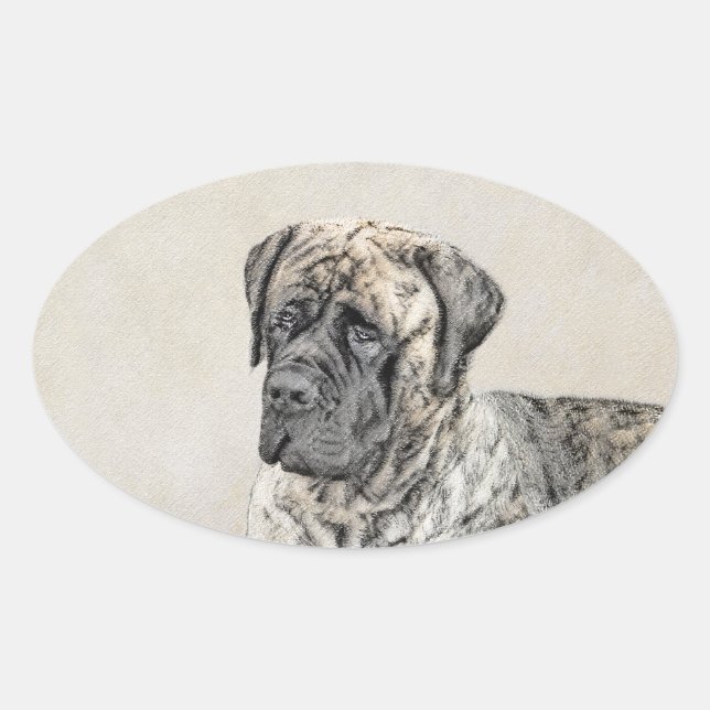 Adesivo Oval Pintura do Mastiff Inglês (Brindle) - Arte Canina (Frente)