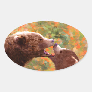 Adesivo Oval Pintura em Cubo e Mãe de Urso Grizzly - Arte da V