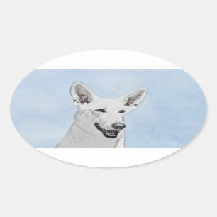 Adesivo Oval Pintura em Pastor Branco - Arte de Cachorro Origin