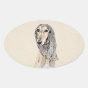 Adesivo Oval Pintura em Saluki (Fawn) - Arte de Cachorro Origin