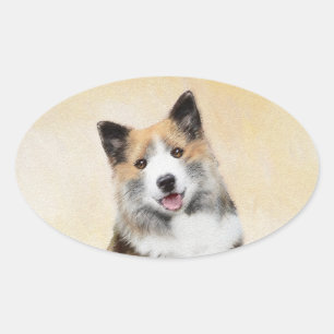 Adesivo Oval Pintura Islandesa De Sheepdog - Arte Original De C