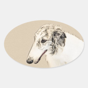 Adesivo Oval Pintura Original de Cachorro Borzoi (Silver Brindl