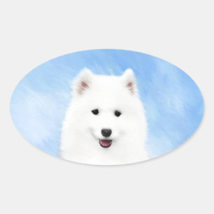 Adesivo Oval Pintura Samoyed Puppy - Arte Cachorra Original
