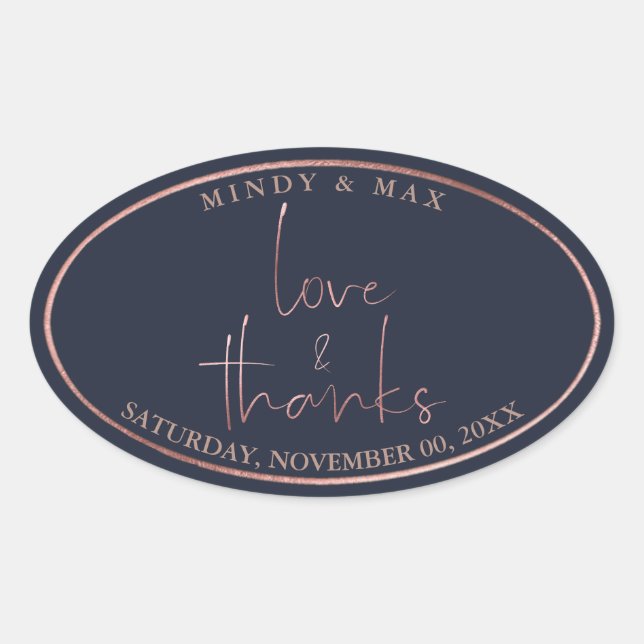 Adesivo Oval PixDezines FAUX ROSA DOURADO LOVE+OBRIGADOS|DIY CO (Frente)