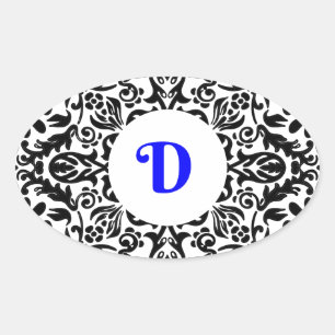 Adesivo Oval Plano de fundo azul, preto e branco, em monograma