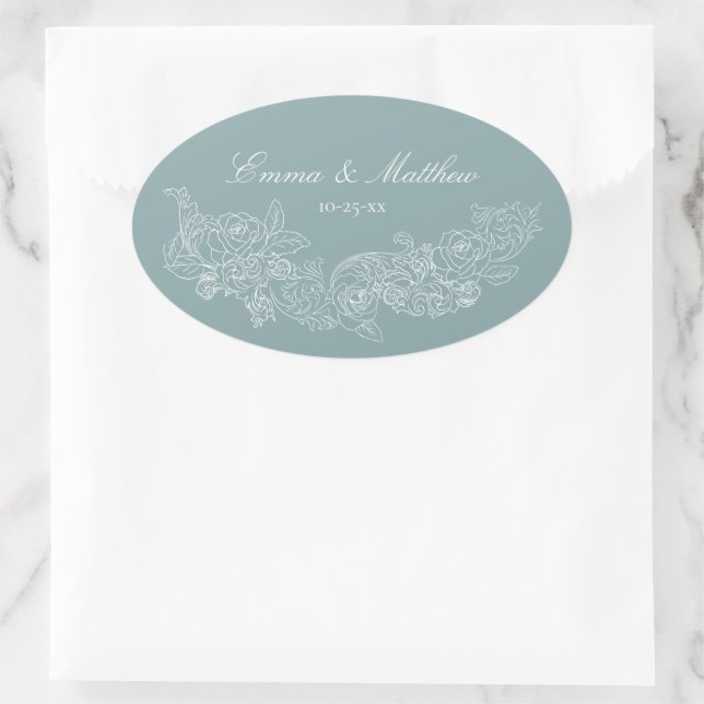 Adesivo Oval Pó de Ornamento Clássico Azul Desbotado Casamento  (Bolsa)