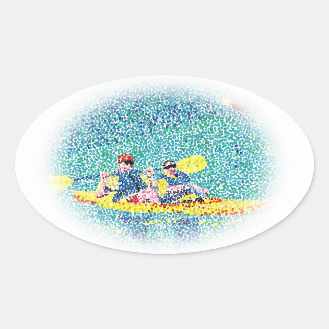 Adesivo Oval Pointilismo Cena de Kayak, vinhetas ovais (Frente)