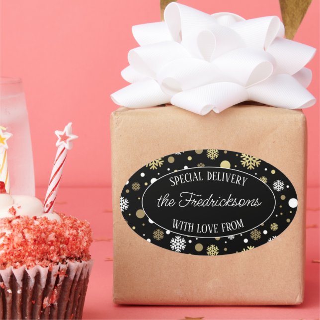 Adesivo Oval Polkadokes Dourados Brancos Personalizados em Pret (Festa)