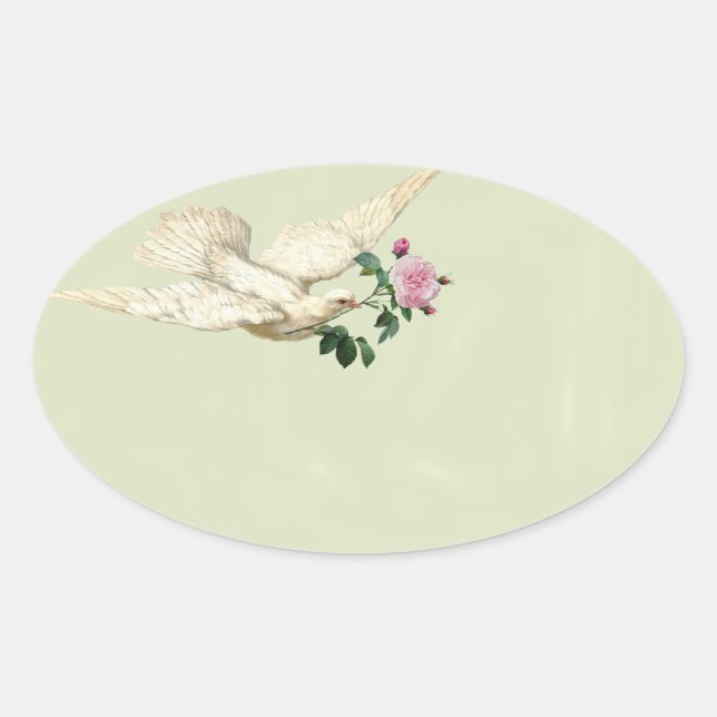 Adesivo Oval Pomba francesa com rosa rosa rosa no uísque verde (Frente)