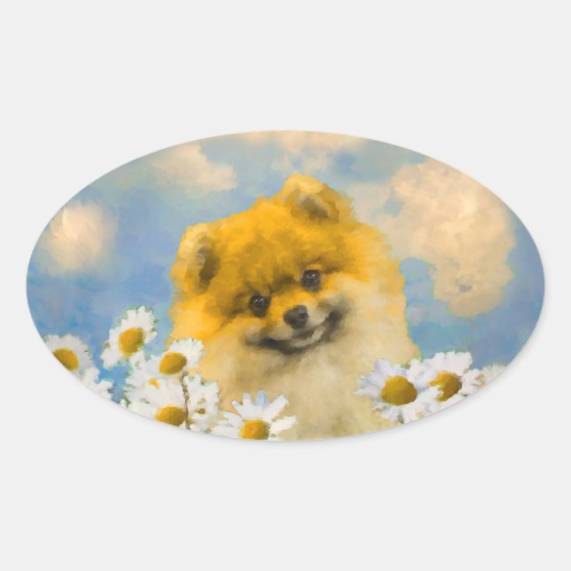Adesivo Oval Pomerânia em Pintura de Dísias - Arte de Cachorro  (Frente)