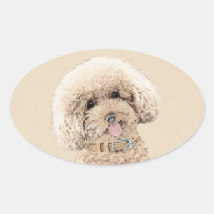 Adesivo Oval Poodle (Brinquedo, Miniatura) Pintando Arte Cão O