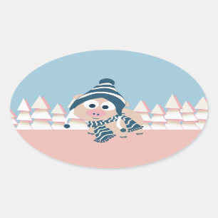 Adesivo Oval Porco no inverno