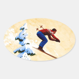 Adesivo Oval Poster de Esqui de Vintage, saltador de esqui e pi