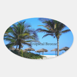 Adesivo Oval Praia Arenosa Com Palmeiras e Vista Para o Oceano 